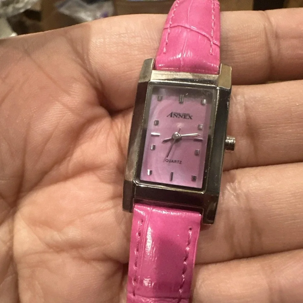 Working ANNEX 19mm MOP Rectangle Pink Leather‎ Quartz Women's Watch New Battery